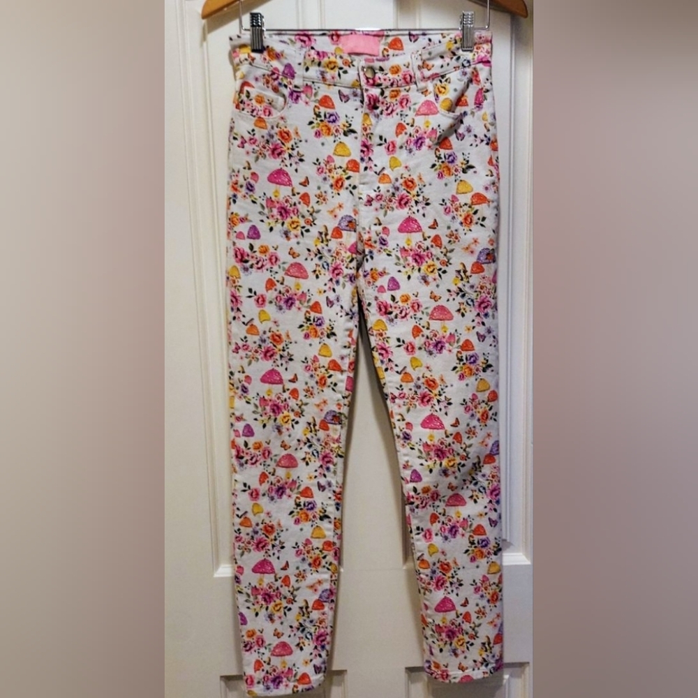 Dolls Kill Mushroom Floral Butterfly Print FairyCore Ankle White Mom Jeans